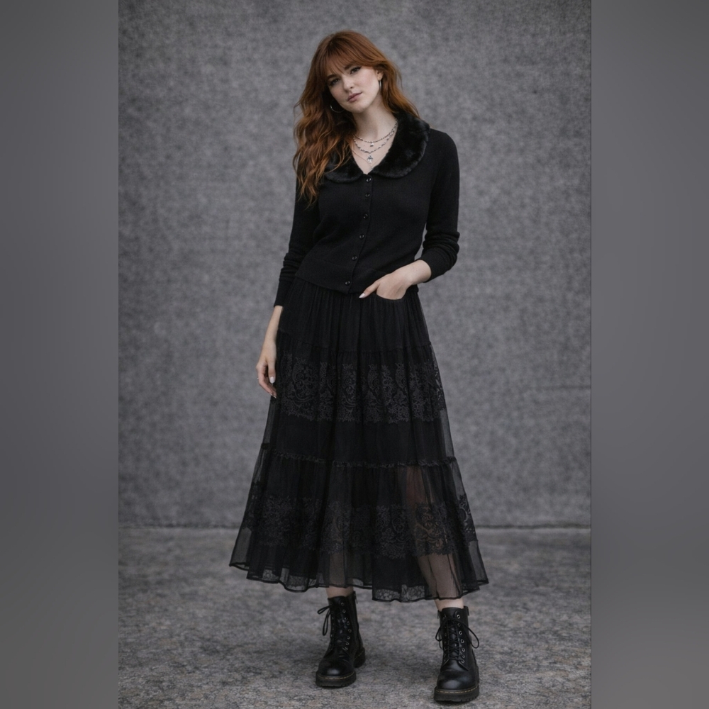 Vintage Y2K Whimsigoth Faux Fur Lined Dark Romantic Cardigan, Medium